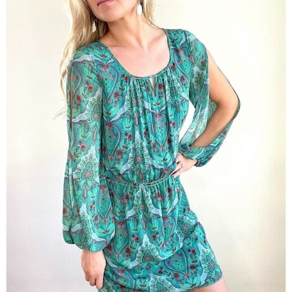 Chelsea & Violet Sz S Split Sleeve Shift Tunic Dress Blouson Paisley Print Green - Picture 5 of 13